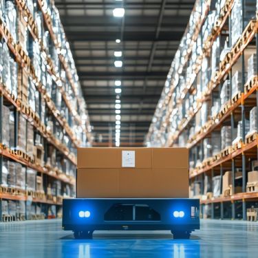 a bot alone on a warehouse floor