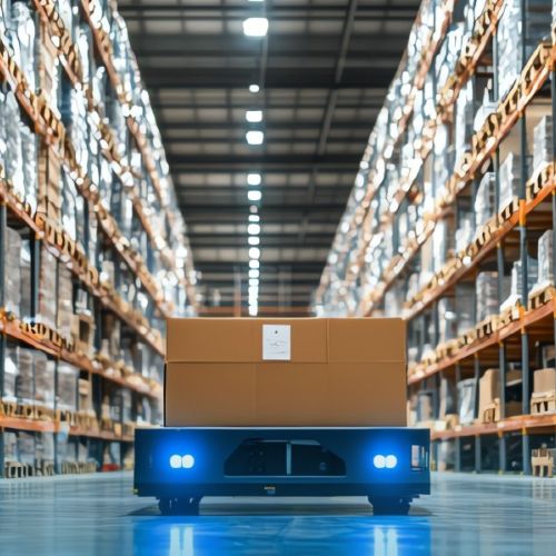 a bot alone on a warehouse floor